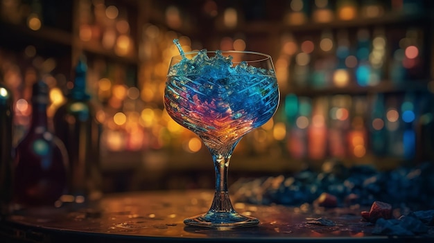 A glass of liquid with a blue liquid inside