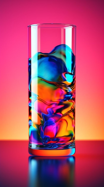 A glass of liquid with a colorful liquid inside.