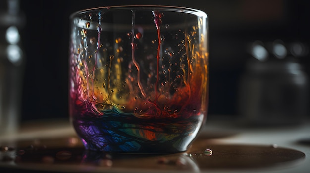 A glass of liquid with the colors of the rainbow on it