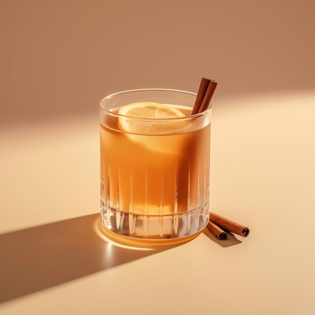 a glass of liquid with a lemon and cinnamon sticks