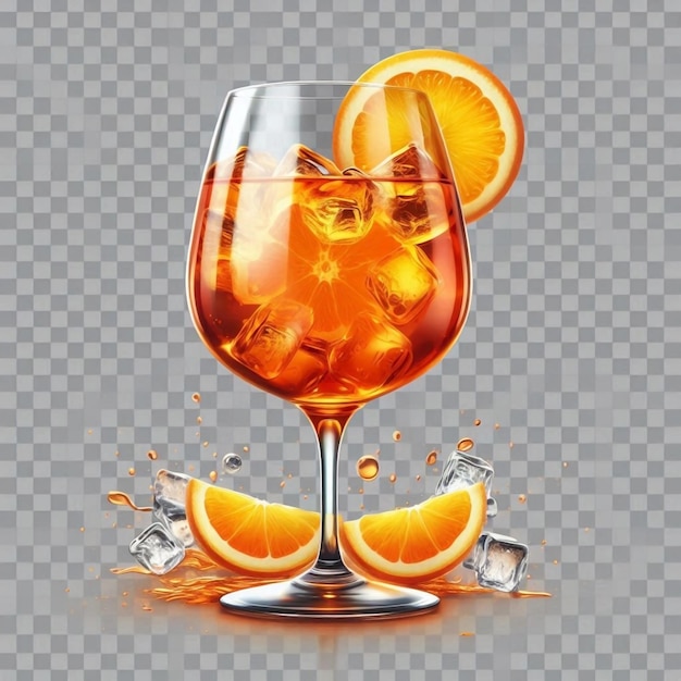 a glass of liquid with orange slices and ice on it