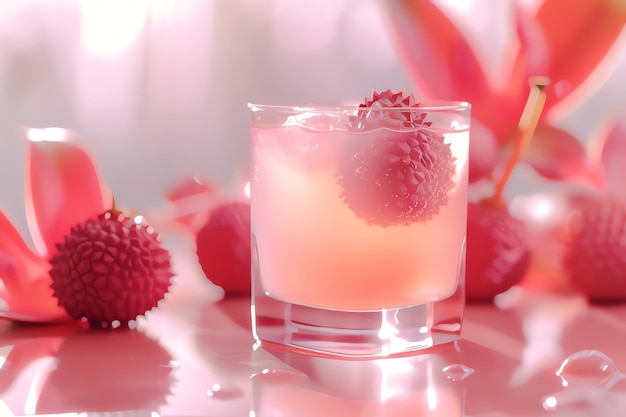 Glass of lychee juice on table in cafe closeup