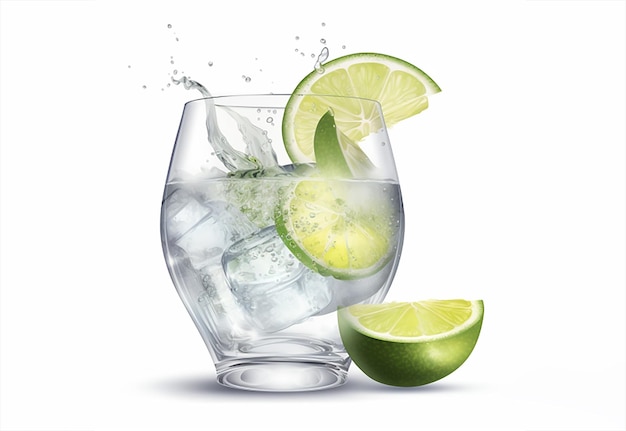 A glass of majito with lime on a white background