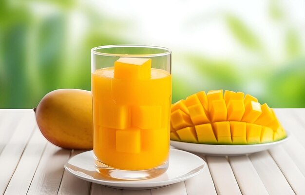 Glass mango juice and mango slices for healthy breakfast on whit