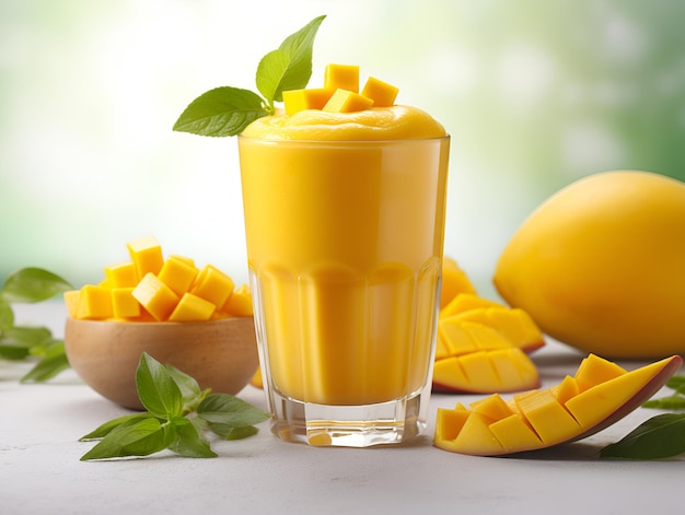 A glass of mango margarita with sliced fresh mango fruit and green leaves on light textured background Creamy tropical drink mango smoothie Close up of mango drink AI