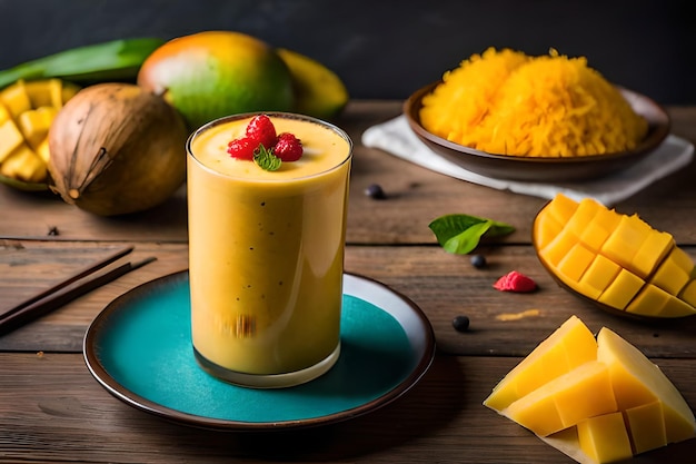 A glass of mango smoothie with mango on a plate next to it