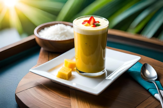 A glass of mango smoothie with mango on a plate