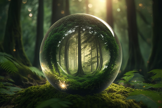 Glass marble sphere earth with a forest in background generative ai