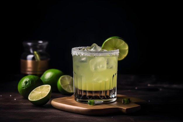 A glass of margarita with lime juice and lime wedges on a wooden board.