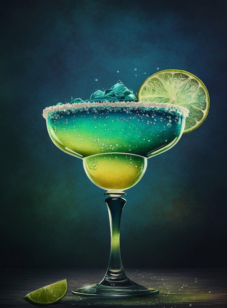 A glass of margarita with a lime slice on top.