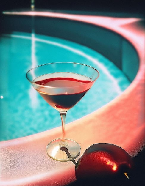 a glass of martini next to a red apple and a red apple