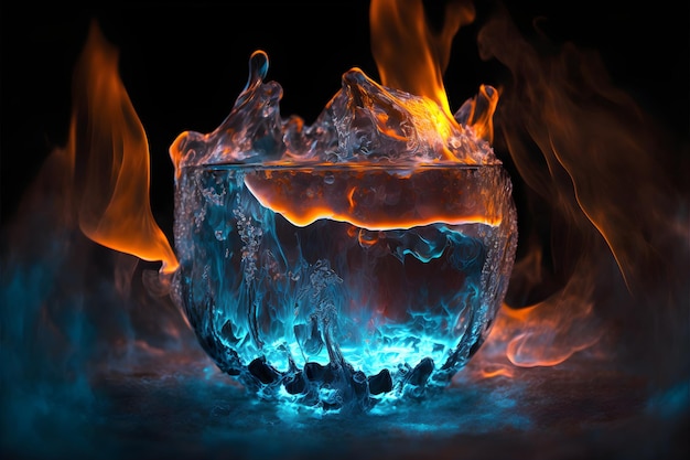 A glass of melting ice enveloped in fire