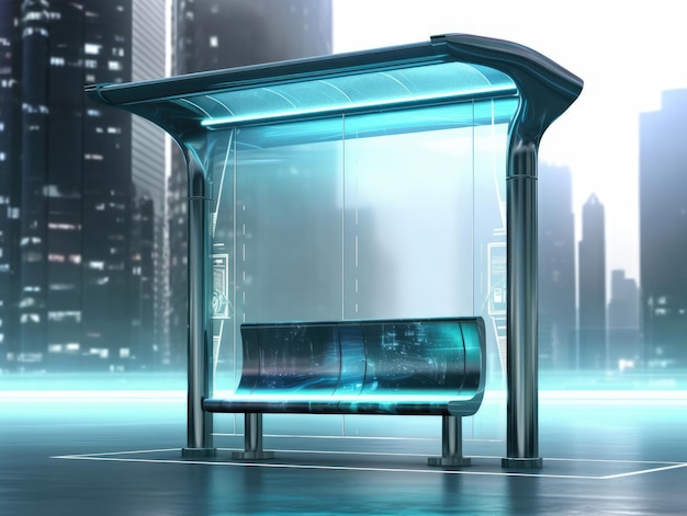 Glass metal bus stop design with empty panel for billboard in futuristic city