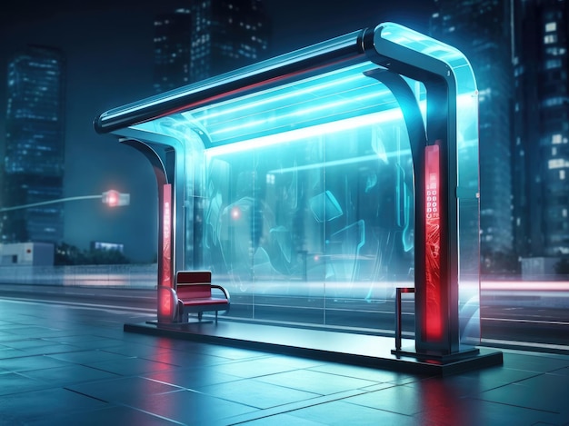 Glass metal bus stop design with empty panel for billboard in futuristic city