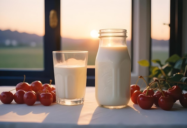 a glass of milk next to a bottle of milk and tomatoes