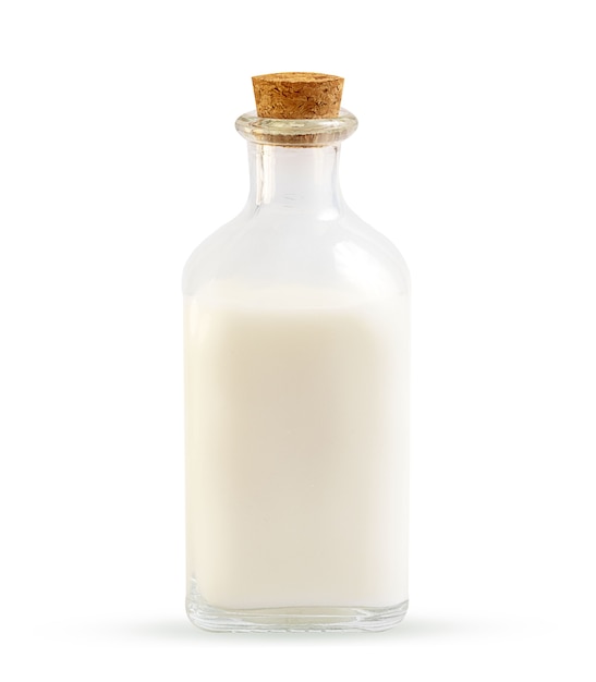 glass milk bottle with milk on white background