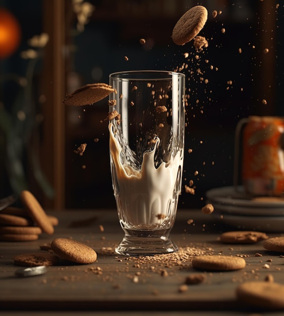 A glass of milk and cookies falling into it