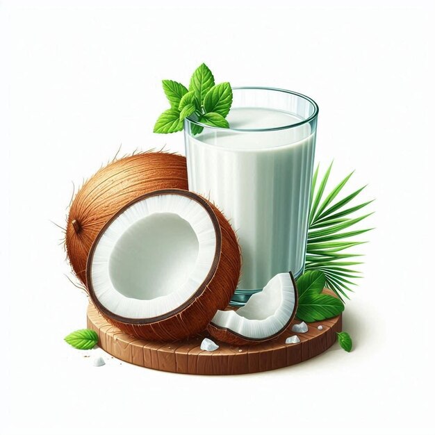 a glass of milk and a glass of milk with a coconut and a glass of milk