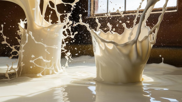 Photo a glass of milk is poured into a glass with a ship in the background