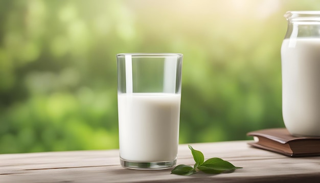 a glass of milk is on a table with a green leafy plant in the background