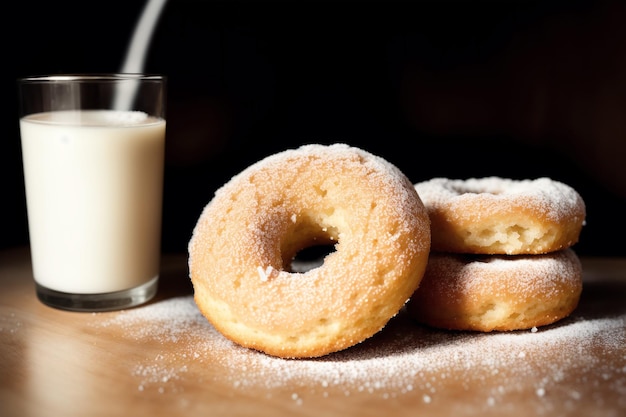 A glass of milk is next to three donuts.