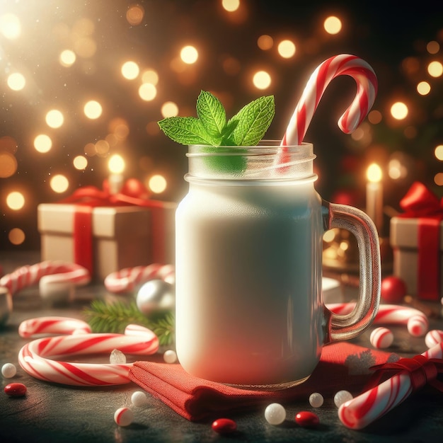 glass of milk and mint christmas background