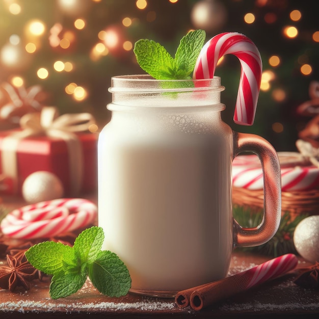 glass of milk and mint christmas background