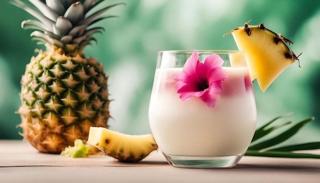 a glass of milk and a pineapple next to a pineapple