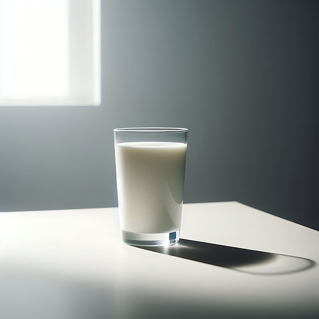 Photo a glass of milk sits on a plain white table illuminated by soft natural light from a nearby window