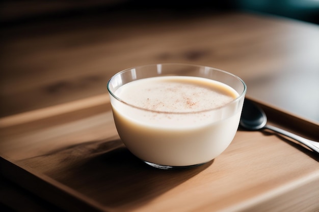 A glass of milk sits on a wooden tray with a spoon on it.