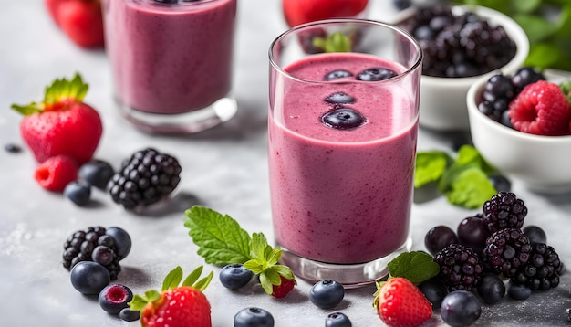 a glass of milk with berries and berries on it