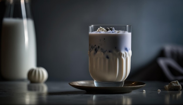 A glass of milk with a blueberry topping sits on a small plate.