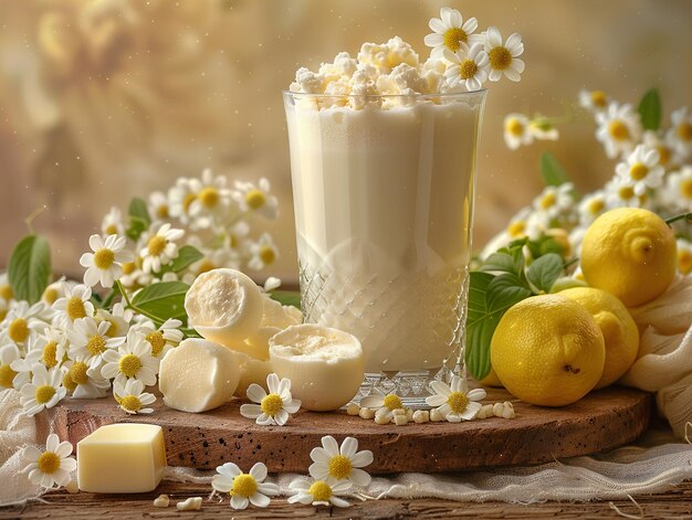 a glass of milk with a bunch of daisies and lemons