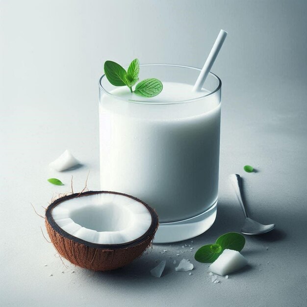 a glass of milk with a coconut and a bottle of coconut milk