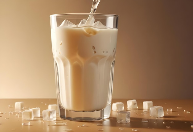 a glass of milk with ice and ice cubes in it