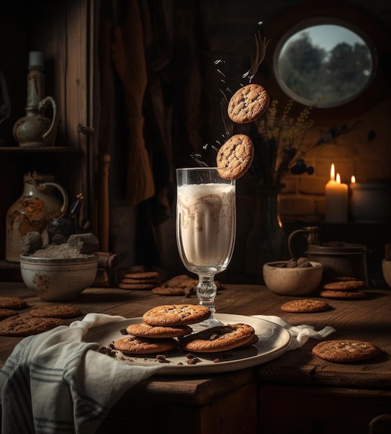 A glass of milk with a picture of a cookie being poured into it.