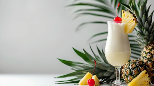 a glass of milk with a pineapple and cherry on top