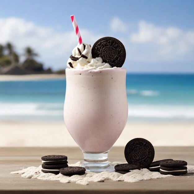 Photo a glass of milk with a pink straw in it and chocolate cookies on the table