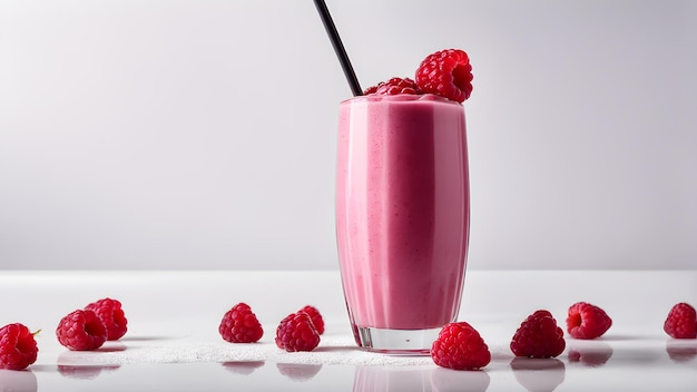 a glass of milk with raspberries and a straw