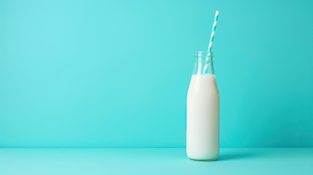 Photo a glass of milk with a straw on a blue background