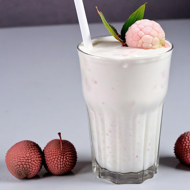 a glass of milk with a straw in it and three strawberries in the middle