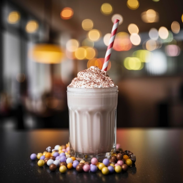 A glass of milk with a straw and a straw in it.