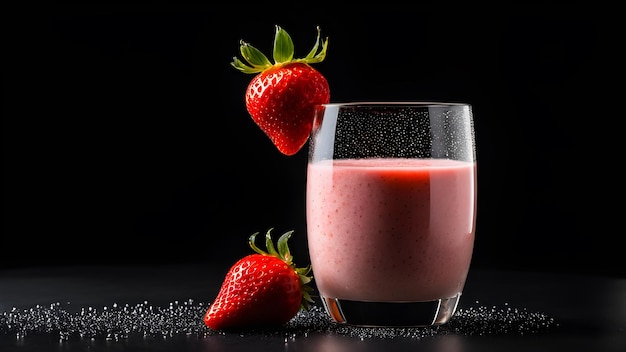 a glass of milk with strawberries and a black background