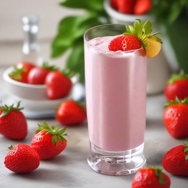 Photo a glass of milk with strawberries and a bowl of strawberries