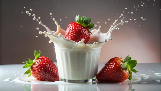 a glass of milk with strawberries and splashes of milk