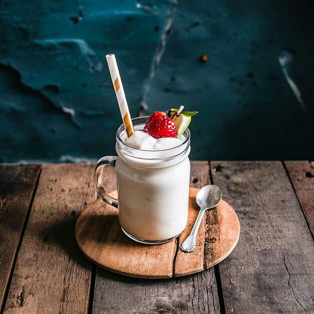 a glass of milk with strawberries and a strawberries in it