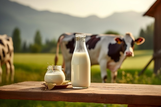 A glass of milk on a wooden table and a cow on the background Super Realism A high quality 4k 8k