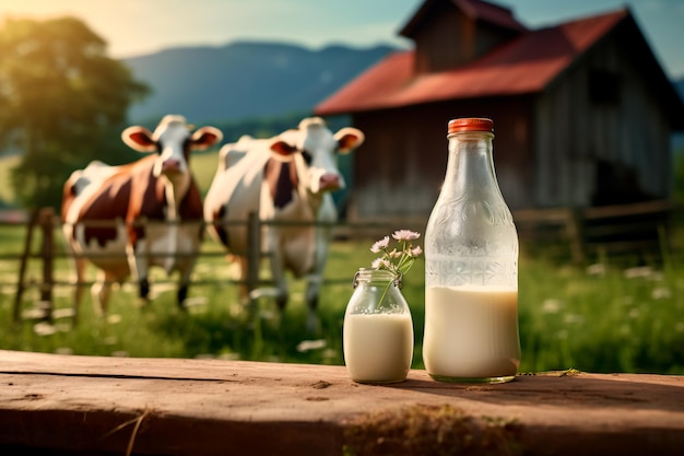 A glass of milk on a wooden table and a cow on the background Super Realism A high quality 4k 8k