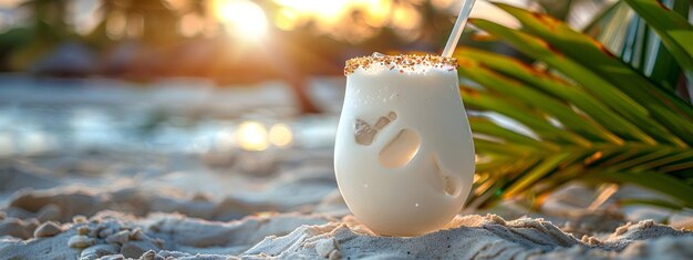 Photo glass of milkshake drink with coconut syrup and vanilla ice cream on blurred summer beach