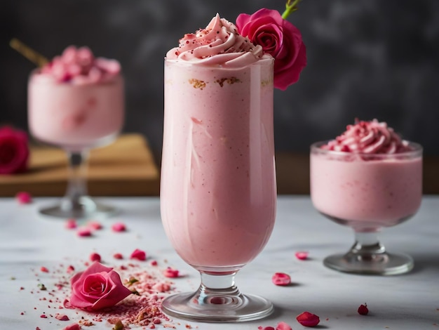 a glass of milkshake with flowers and a rose in the middle